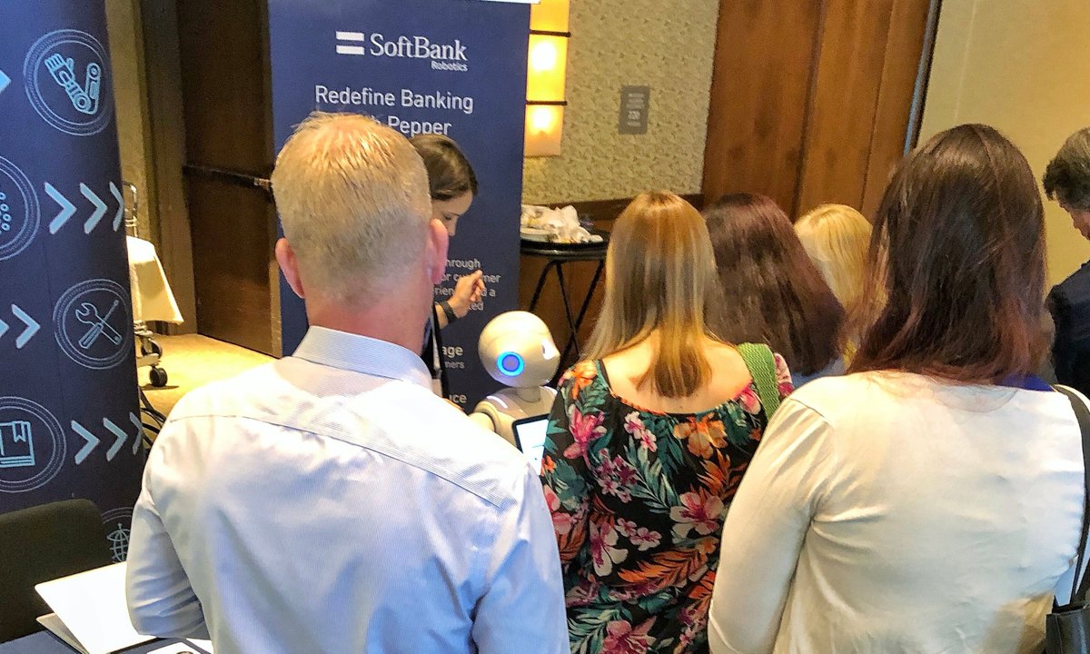 SB_Robotics's tweet image. Day 1 of #FutureBranches has only just started, and there’s already a line to #MeetPepper! But don’t worry, Pepper and our team will be at Booth #10 throughout the conference. Stop by anytime to chat and check out Pepper’s banking skills. #bankbranches @futurebranches