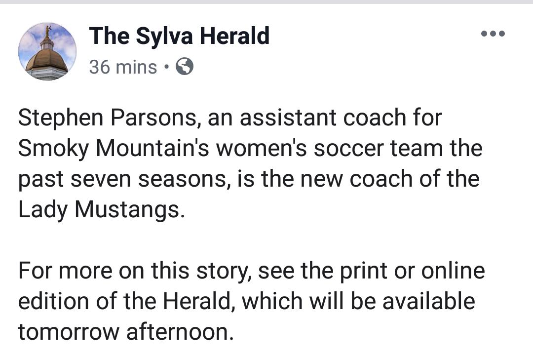 tylernc1's tweet image. BREAKING: @SParsons89 named new head coach for the @SmokyMtnHS Lady Mustangs soccer team. @acthshuddle @WLOS_13 @Chris_Womack