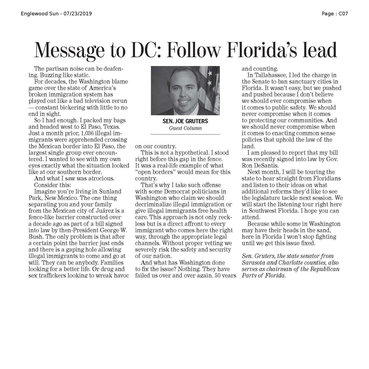 For decades, the DC blame game over the state of America’s broken immigration system has played out like a bad television rerun — constant bickering with little to no end in sight.

So I had enough.

Read my op-ed in this morning’s Charlotte Sun and let me know what you think!