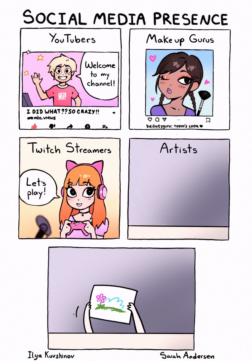 SarahCAndersen's tweet image. A comic collaboration with the extraordinary @kuvshinov_ilya, who drew the first three panels as well as colored. Follow him for more beautiful work. Enjoy! 🌸