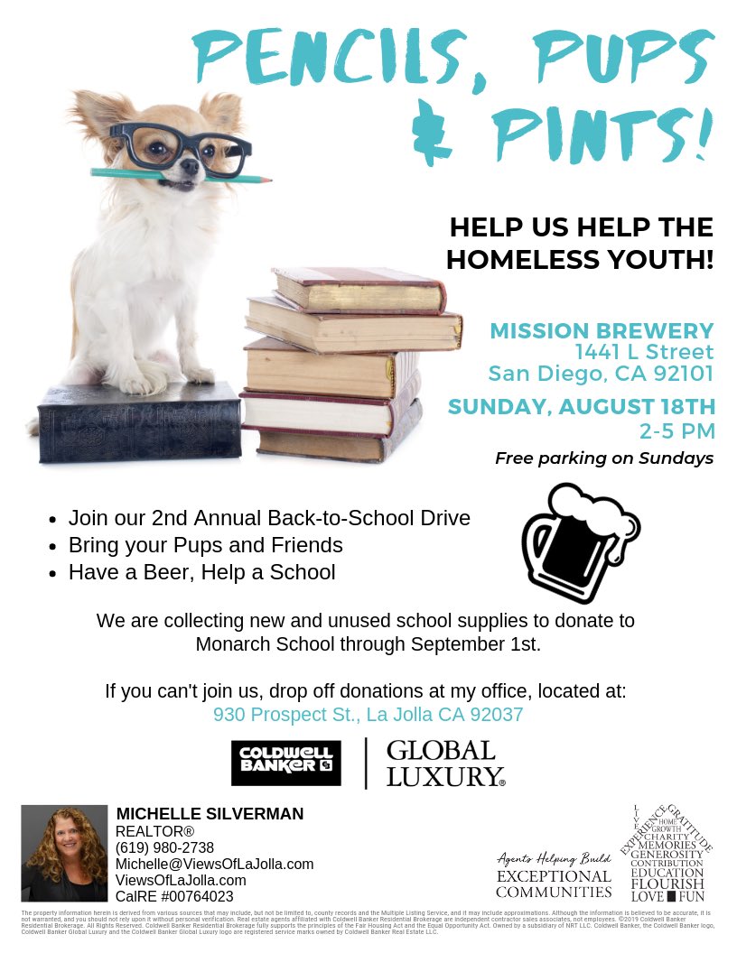 Mark you calendar & come to Pencils, Pups & Pints! It’s our 2nd annual Back-to-School Drive! #monarchschool #sandiego #backtoschool