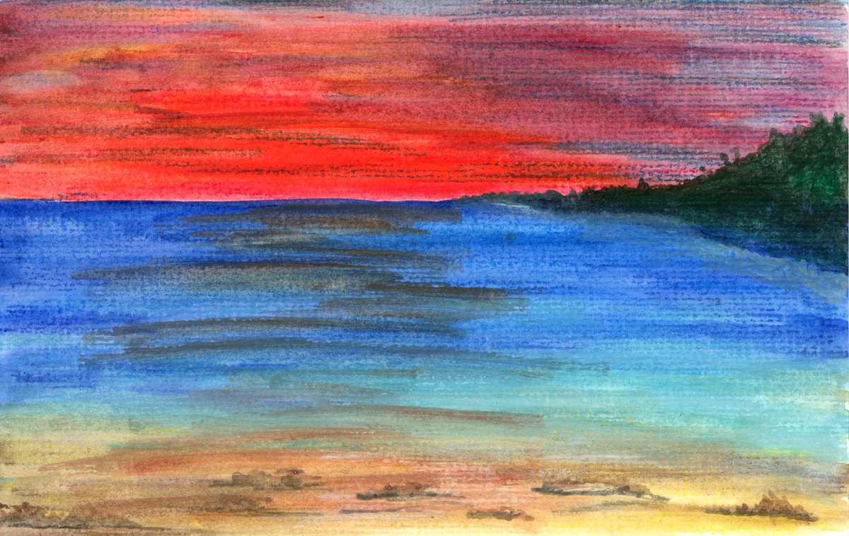 Red Dawn artbyleclairedesigns.com #vacation #redsky #dawn #island #ocean #vibrantsky #watercolor #watercolorart #watercolorist #vacationart #islandart #beach #artist #art #sunrise #red #blue #peaceful #relaxing #beachlife #tranquil #expressionism #Californiaartist #sailing