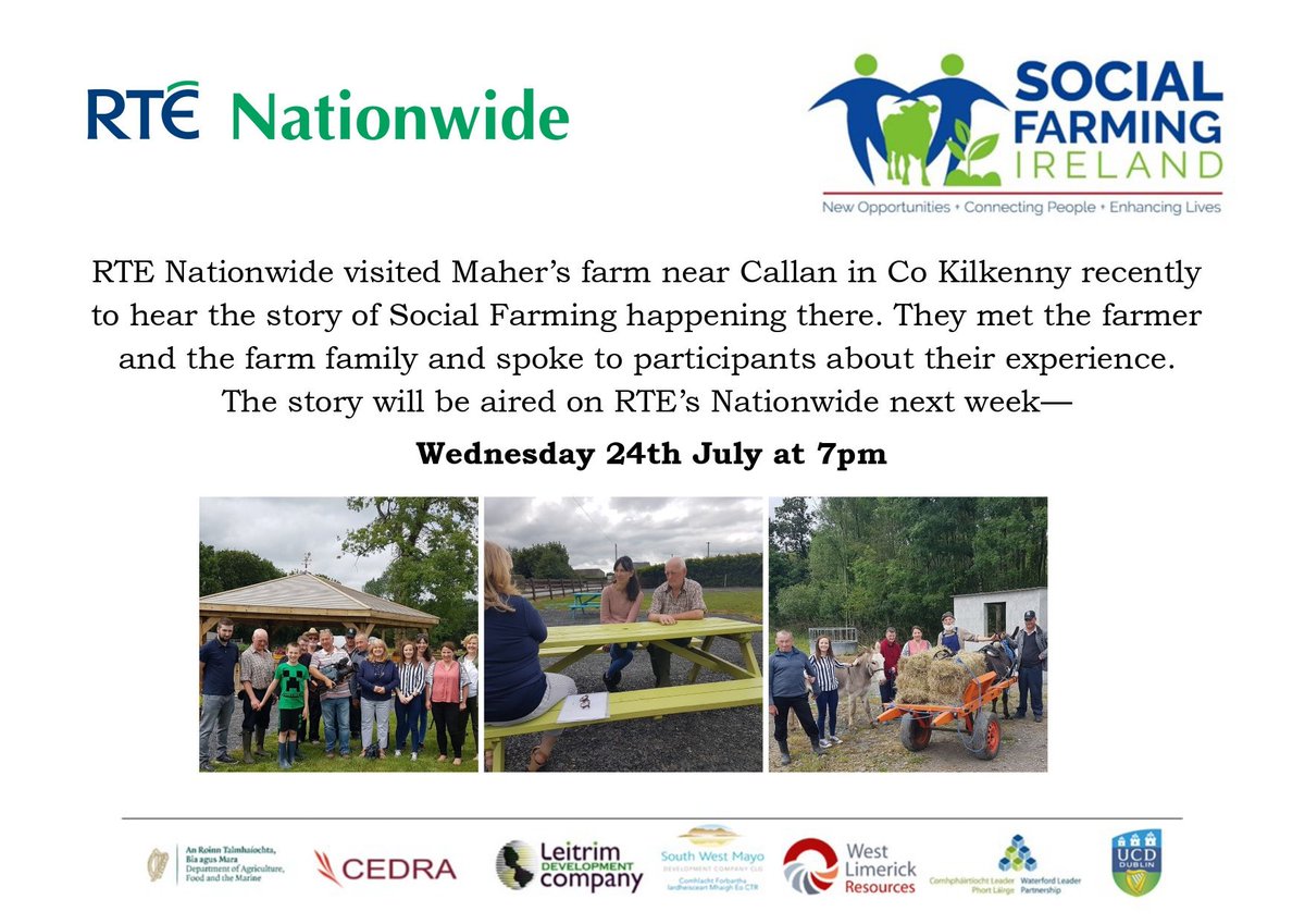 Tune into #RTENationwide tomorrow at 7pm. The show will feature #socialfarming project 'Social Farming Ireland' . An important initiative which @ucdagfood were delighted to be involved in @Lairdhse06 @agriculture_ie @creedcnw @southwestmayo @WLResources @WLPLeader @rte