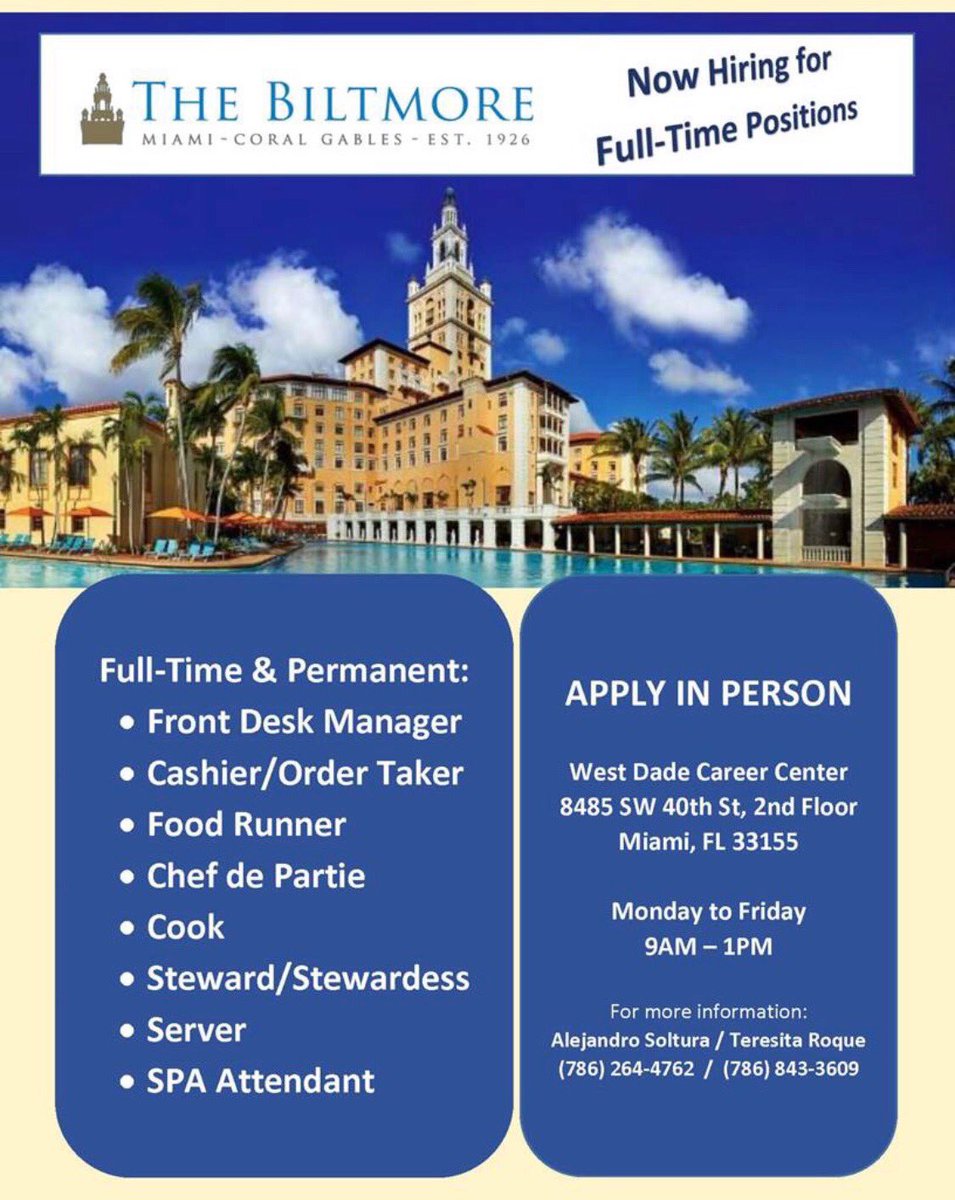 STUCareer's tweet photo. Attention, Bobcats! The Biltmore Miami-Coral Gables and Ross are hiring! Full-Time, Permanent, and Part-Time positions. Apply today!
.
.
.
#jobs #fulltime #parttime #permanent #Miami #CoralGables #DolphinMall https://t.co/GHZY3pAFu1