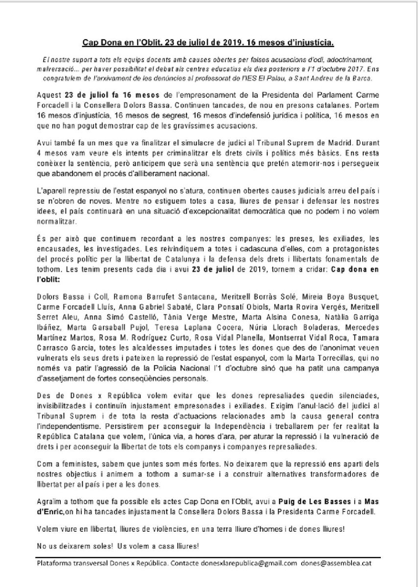 Molt presents sempre, avui 23 tornem a alçar la veu per elles! CarmeForcadell DolorsBassa MeritxellSerret AnnaGabriel MartaRovira ClaraPontsatí MeritxellBorràs TamaraCarrasco MartaTorrecillas TàniaVetge MireiaBoya + x totes i tots!
#CapDonaenlOblit 
#PuigDeLesBasses 
#MasDEnric