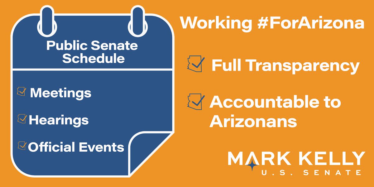 CaptMarkKelly's tweet image. Today I’m announcing that, if elected, I will make my daily official Senate schedule public. It's important to me that Arizonans know how I’m spending my time serving them and working #ForArizona.