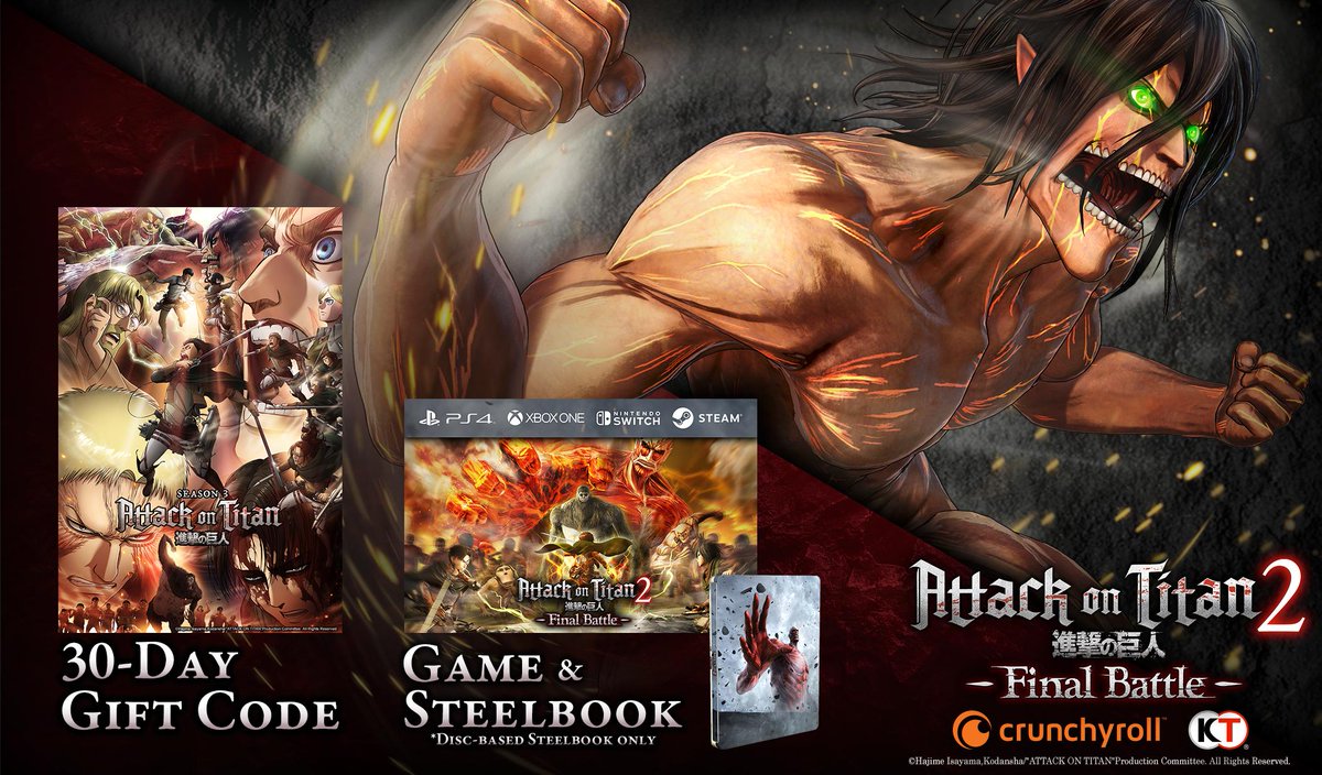 Crunchyroll Games On Twitter We Have A Collaboration Giveaway With Koeitecmous For Attack On Titan 1 30 Days Access To Crunchyroll Content Code 2 Attack On Titan 2 Final Battle 3 Attack