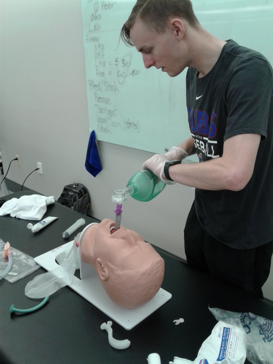 CulverMAT's tweet photo. Just BREATH! @CSC1853 Master of AT students practice establishing airways for victims during laboratory and simulations yesterday. #ApplyCulverMAT https://t.co/ZqAl2srn66
