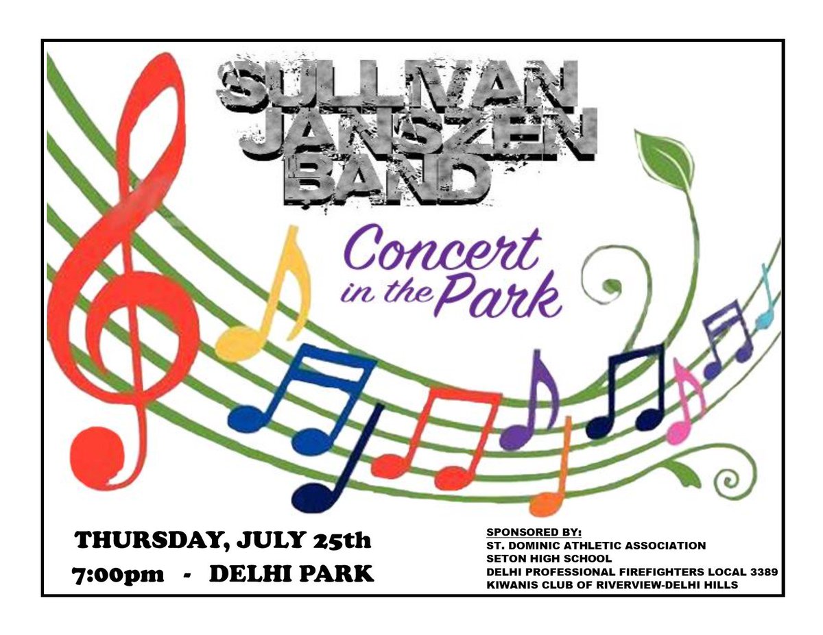 Don't forget to join us this Thursday for our concert in the park featuring the Sullivan Janszen Band.  Cold drinks and hot food available.  The weather looks BEAUTIFUL!!!!!!!