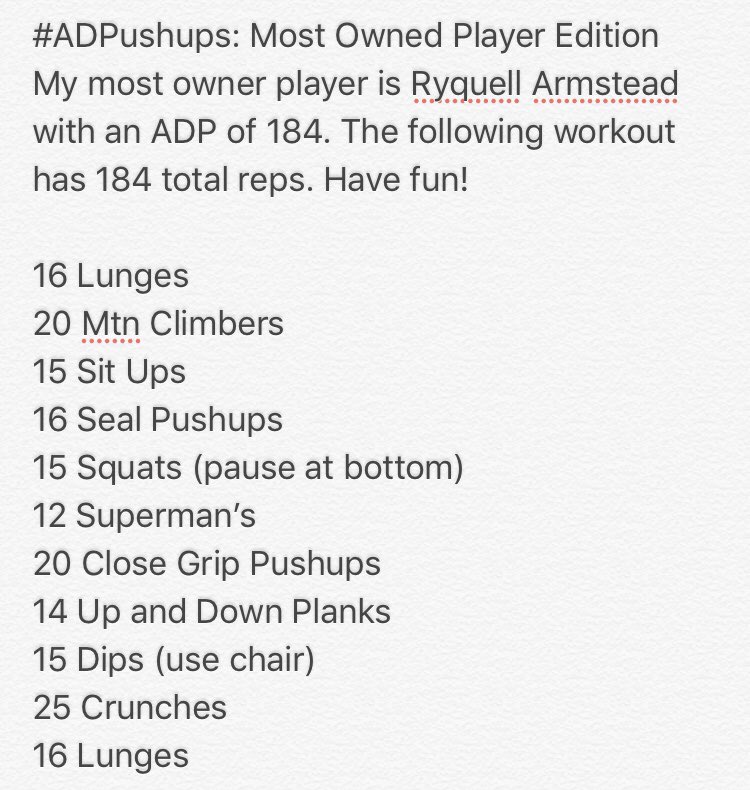 CommishMaGriff's tweet photo. The last @DynastyHHPod got me looking into my most owned players and by far, Ryquell Armstead is my most owned. His DLF ADP is 184 which is the basis of today’s #ADPushups workout.
@JMicCheck @FFManBun @pahowdy @LeviAndrewFF @CKutzerFF @KurtisDGoFF_DHH @DHH_Frank https://t.co/WQy9m5CkST