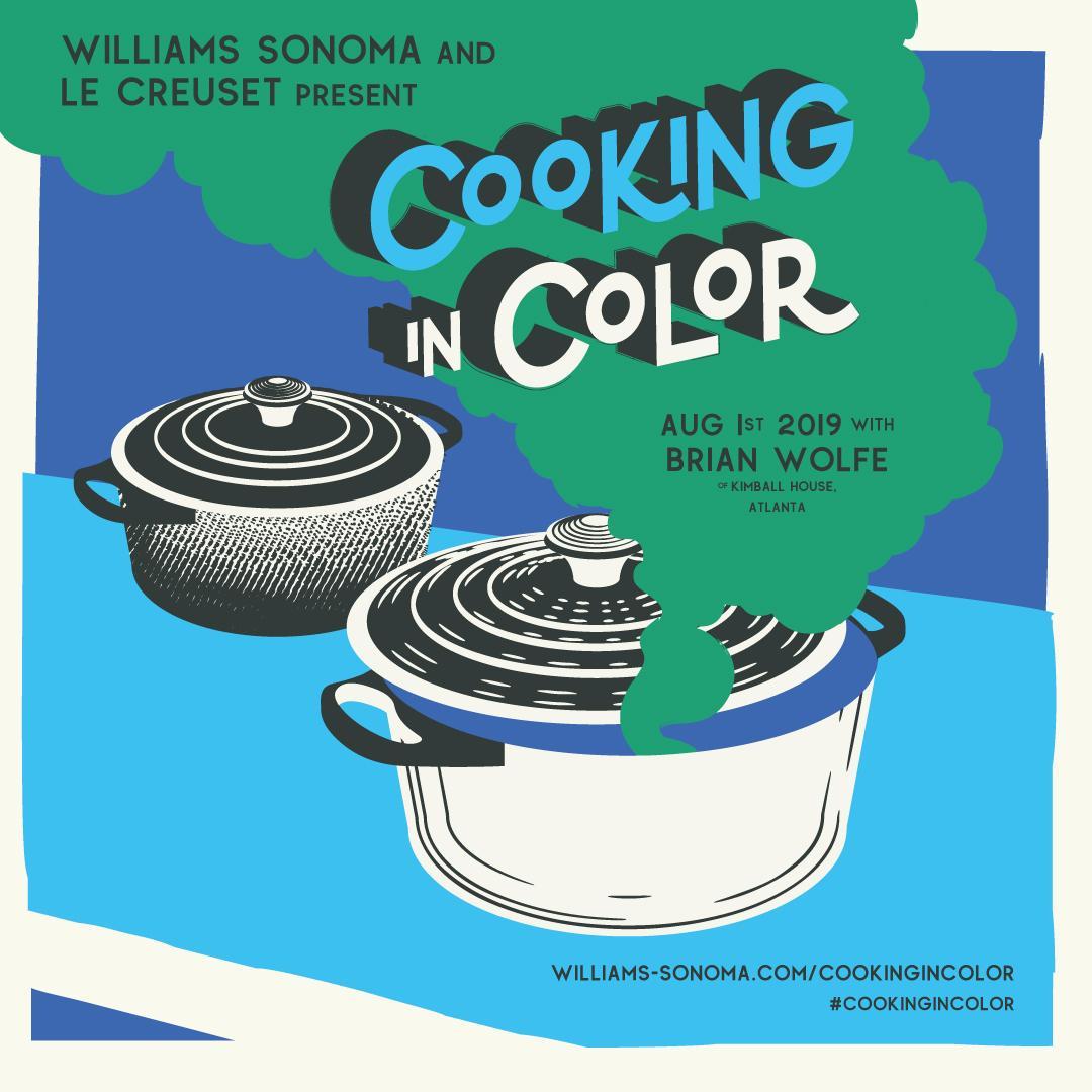 WilliamsSonoma's tweet photo. #Atlanta! Join us for our @lecreuset #CookingInColor dinner 8/1 with Chef Brian Wolfe at @kimballhousebar. Weโre celebrating the iconic French cookware with a family-style meal + wine pairings by @MMondaviFamily. Get tickets: https://t.co/Q06Ljr0VEf https://t.co/ayeqJkWooO