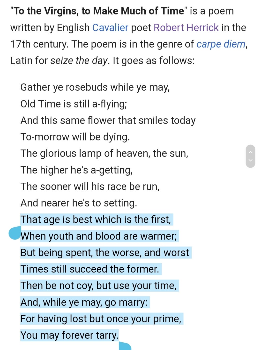 Robert Herrick 1591 1674 To The Virgins To Make Much Of Time ロバート ヘリック 1591 1674 女の子たちに 時を逃さないように T Co Bmzy5mf9sd Svt Unchained Melody T Co 4oicpnwiz4 Twitter