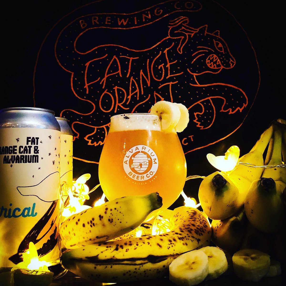 We’re purring over this collab w/ @fatorangecatbrewco this brew is B-A-N-A-N-A-S! Electrical Banana is a 7.5% Banana Split Milkshake NEIPA [contains lactose]. Avail both breweries Sat, July 27th. 
At Alvarium, you can snag it Saturday at noon, 2 4-packs per person. $20 per 4-pack