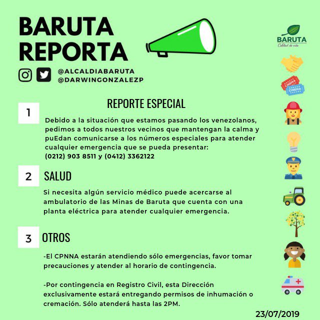 BarutaReporta's tweet photo. Debido a la situación que vive nuestro país enviamos información relevante ante las emergencias que se puedan presentar.
#23jul #BarutaReporta
@globovision @SomosElCafetal @ManzanaresAso @ColdeBelloMonte @asopraes @SoyLosSamanes @MinasdeBaruta @NotiColinero https://t.co/BBykudViG2