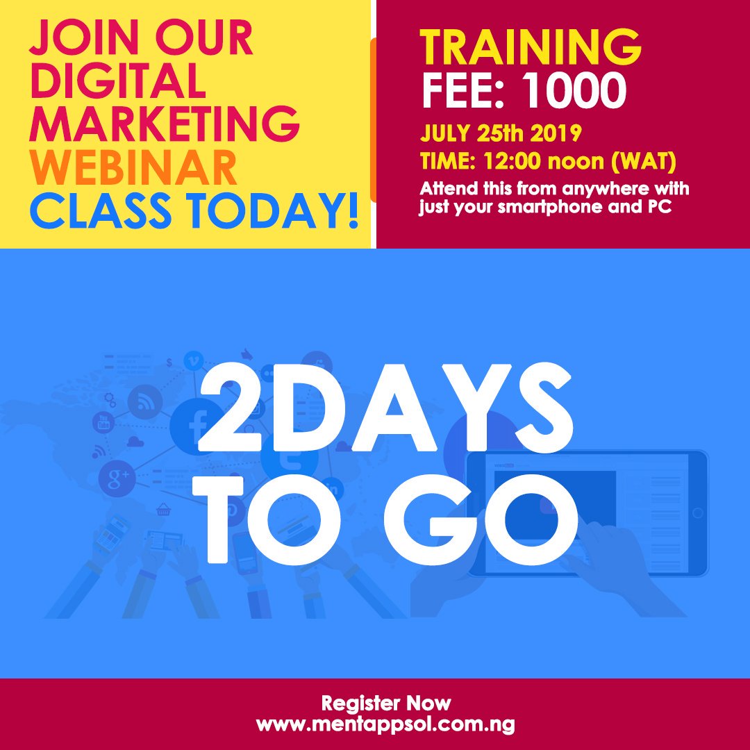 MenTapps's tweet photo. 2Days to go
....
....
....
Don’t miss the opportunity to get hands-on skill on digital marketing. Even at the comfort of your home.
Register here 
Training fee: 1000 naira only
https://t.co/ZlnkZoovGU
Live broadcast.
#DigitalMarketing #webinar #mentapps #MarketingOnline https://t.co/QNjHETkgcv
