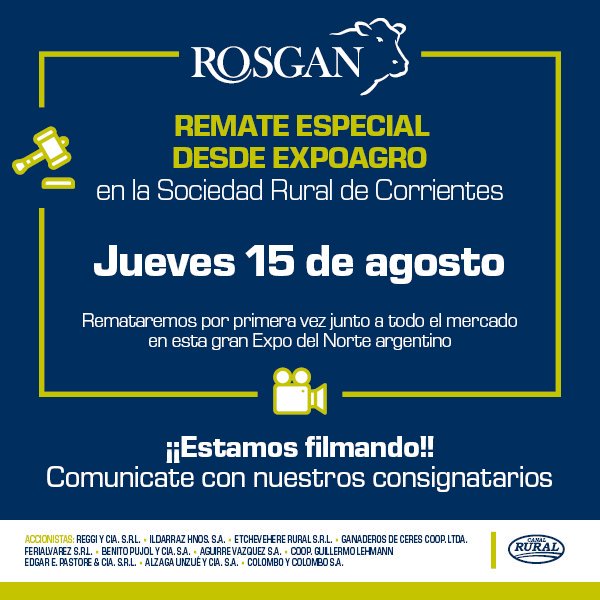rosgan_bcr's tweet photo. ¡Para agendar! El remate de agosto de Rosgan tendrá un nuevo escenario: @Expoagrocom en la Sociedad Rural de Corrientes. #MásRemates #Ganadería #ElOrgulloDeSerGanadero https://t.co/IJ5MLgnYB7
