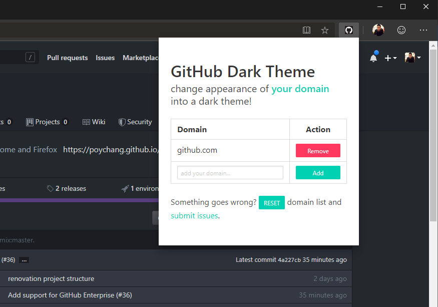 poychang's tweet photo. Redesign my browser extension, GitHub Dark Theme. Now support #GitHub Enterprise, you can add your custom domain and change appearance of your domain into a dark theme! Hope you like it 👩‍💻👨‍💻
https://t.co/gQMcJ8gjTa https://t.co/8cbvZdRf2l
