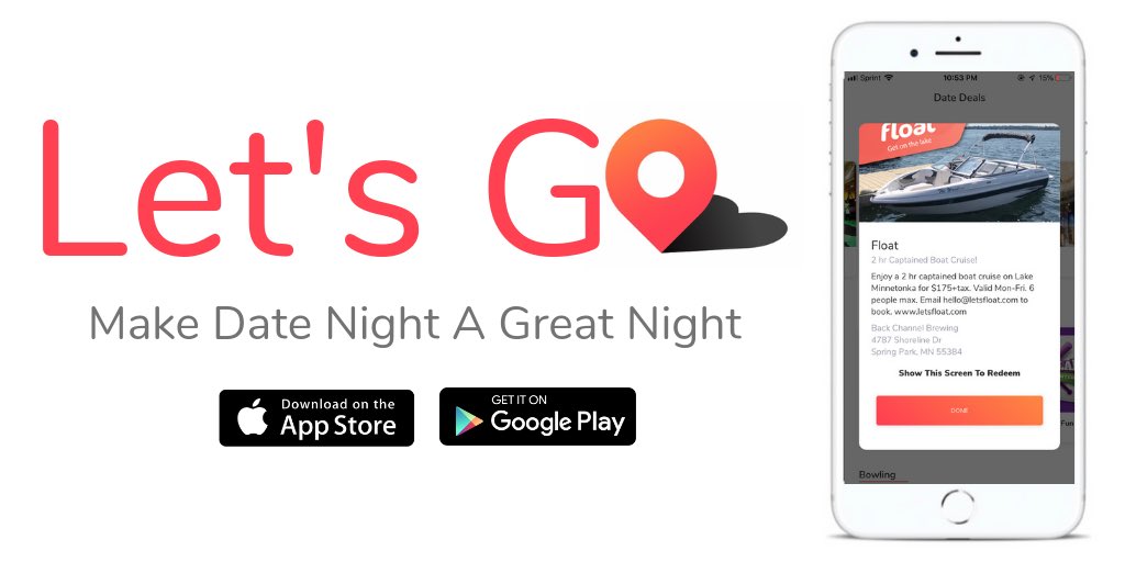 lets_float's tweet image. Make date night a great night with @letsgoappmn and Float! The Let’s Go app helps couples find new date night experiences and exclusive Date Deals. Check out our Date Deal on the app below! 

Android - bit.ly/2JNvmJE

Apple - apple.co/2Qu0Qou