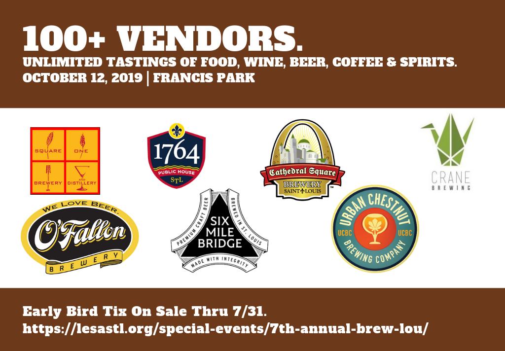 Brew in the Lou will be held on 10/12 in Francis Park! Early Bird Tix on Sale Now Thru 7/31! 

Sneak peek of our vendors below. 100+ vendors. Unlimited tastings of beer, wine, spirits, coffee, food. 🍺Music by <a href="/steveewing/">Steve Ewing</a>! 

TIX: events.r20.constantcontact.com/register/event…

#BrewInTheLou #STL