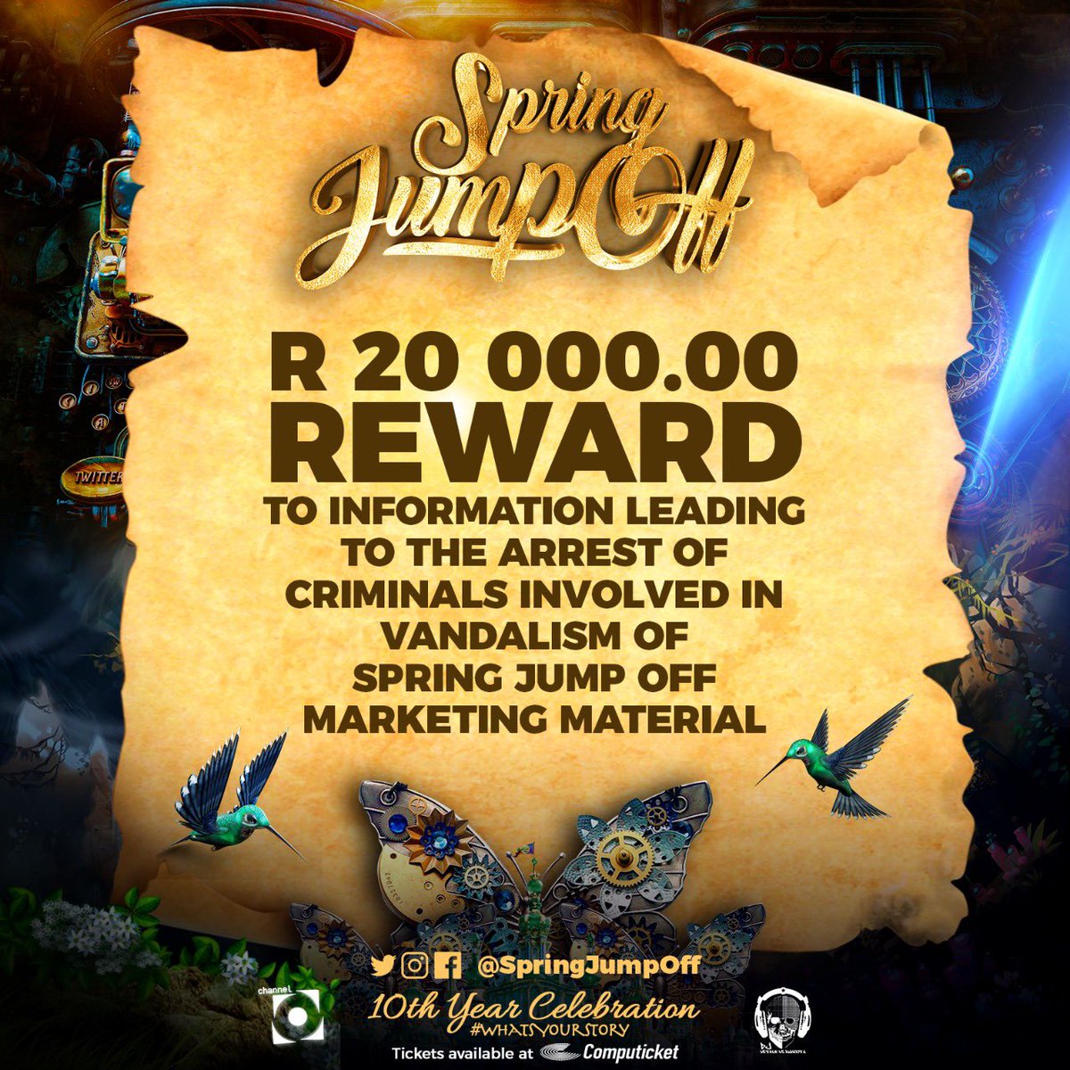 djmahoota's tweet image. #SpringJumpOff has been committed to Bloemfontein, for 10 years. We value your hospitality. Sadly, some seem unhappy &amp;amp; are engaged in destroying our marketing material. This compromises the show &amp;amp; our relationship. It needs to stop. We are offering R20k Reward