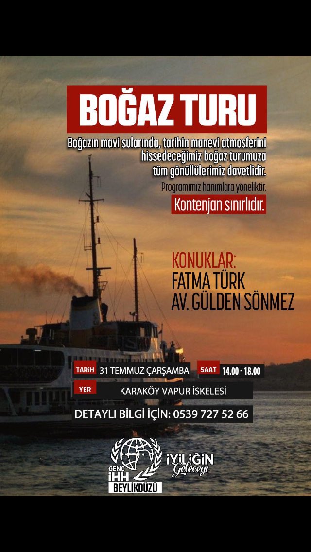 DERİN BİR NEFES ALMAYA VAR MISINIZ ?

Afrika ülkelerimizden Nijerdeki yetimhanemizin yararina Beylikdüzü Genç ihh hanim kolları olarak düzenlediğimiz boğaz turumuza , denizin serin maviliğinde nefes almaya hepiniz davetlisiniz.