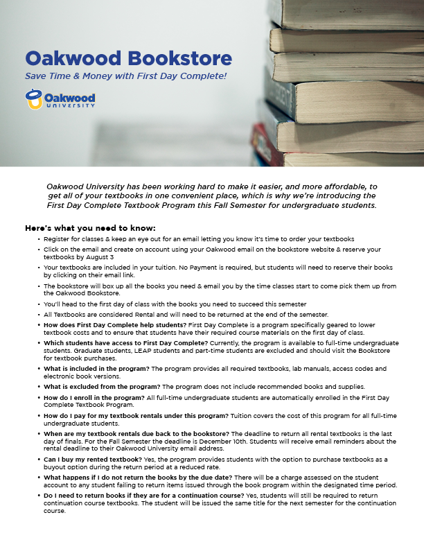 OakwoodU's tweet photo. We're excited the launch of a new textbook program beginning this Fall designed to provide students with all required course materials they'll need to be prepared that first day of class!
#OUBookstore https://t.co/PSSWBW4Wkc