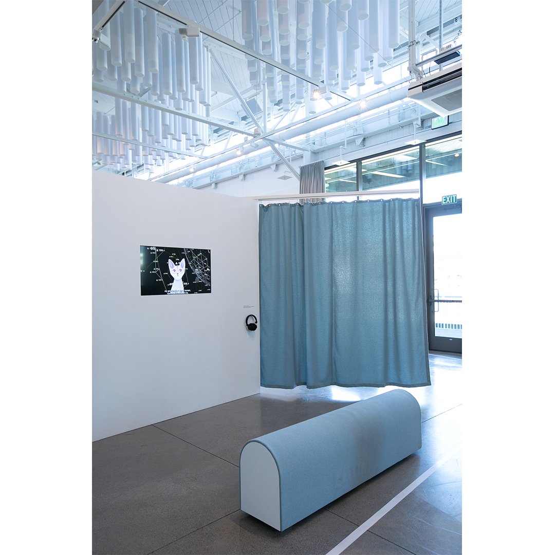 Our product ALEX as curtain fabric and bench covering at the exhibition "An Eye Unruled" at swissnex San Francisco <a href="/swissnexsf/">Swissnex in San Francisco</a>
