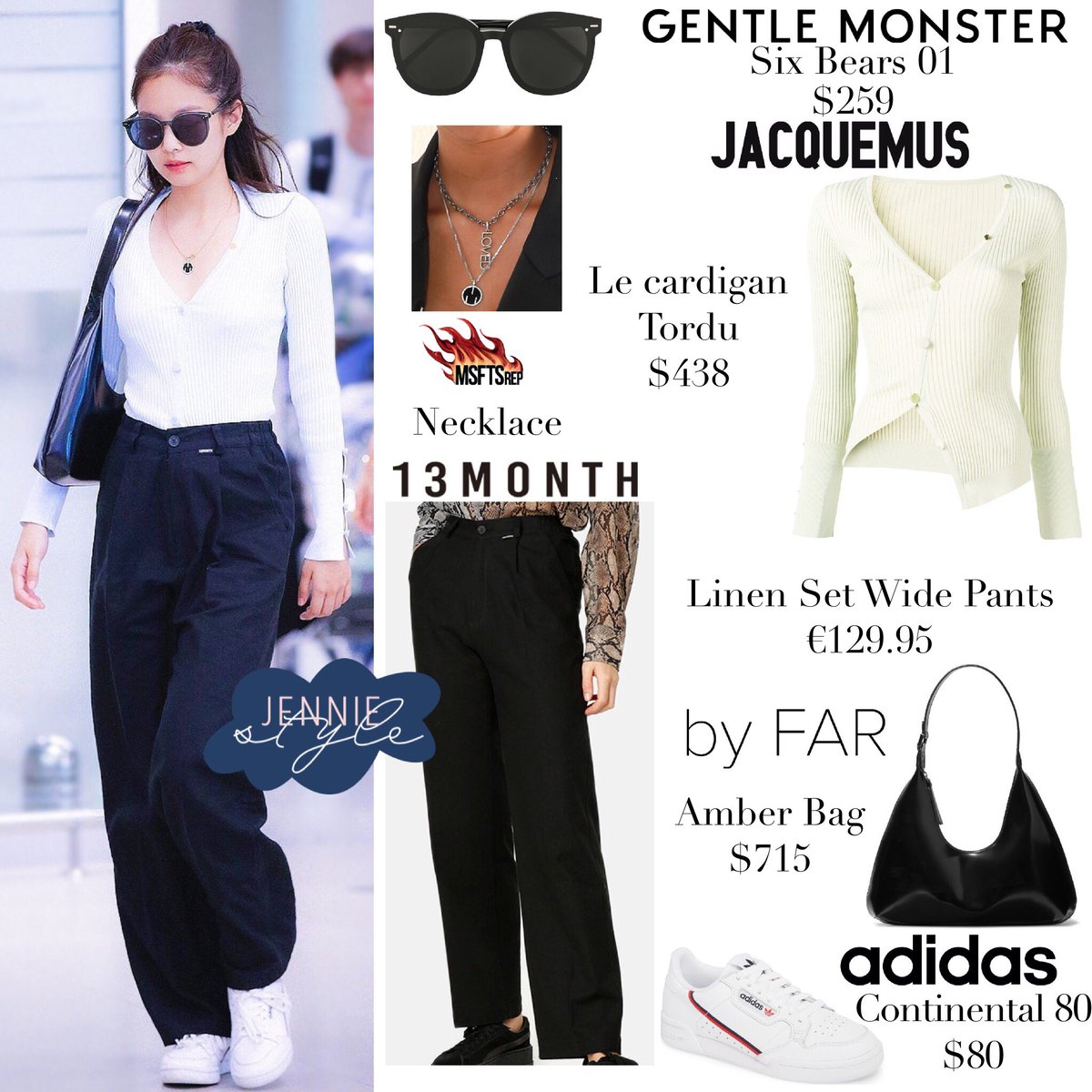 Jennie Style on X: Incheon Airport 190723 Gentle Monster Six Bears 01  $259, Jacquemus Le cardigan Tordu $438, By Far Amber Bag $715, 13 Month  Linen Set Wide Pants €129.95, Adidas Continental