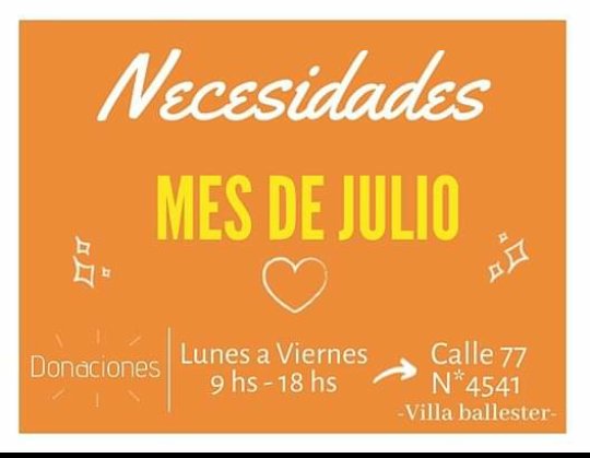 HogarMariaLuisa's tweet photo. ¡ Hola a todos ! ☁ 
Como saben, mes a mes las necesidades del hogar van cambiando. Estas son las necesidades actualizadas del mes de JULIO 📆 

⚠️Toda la info para hacerlas las donaciones está en la imagen ⚠️
Gracias !! #hogardeniñosmarialuisa ❤  #Voluntarios #villaballester https://t.co/Xg2M0LK3rM