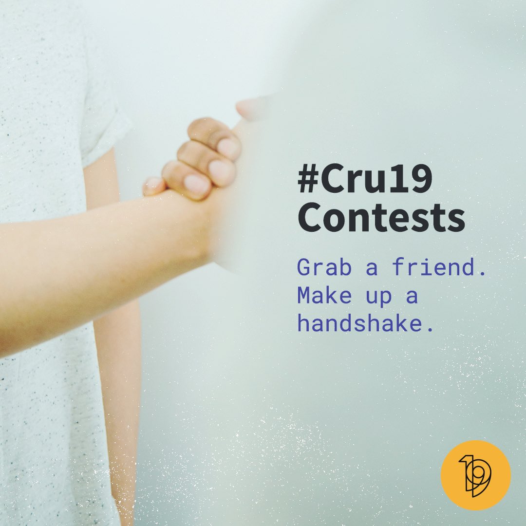 CruConf's tweet photo. Todayβs social media contest. π Grab a friend or family member. Make up a quick handshake and take a video doing the handshake in front of one of the Cru19 art installations on campus. Post to Twitter, FB or Instagram with #Cru19Contests in the caption! https://t.co/OZLJF90iBy