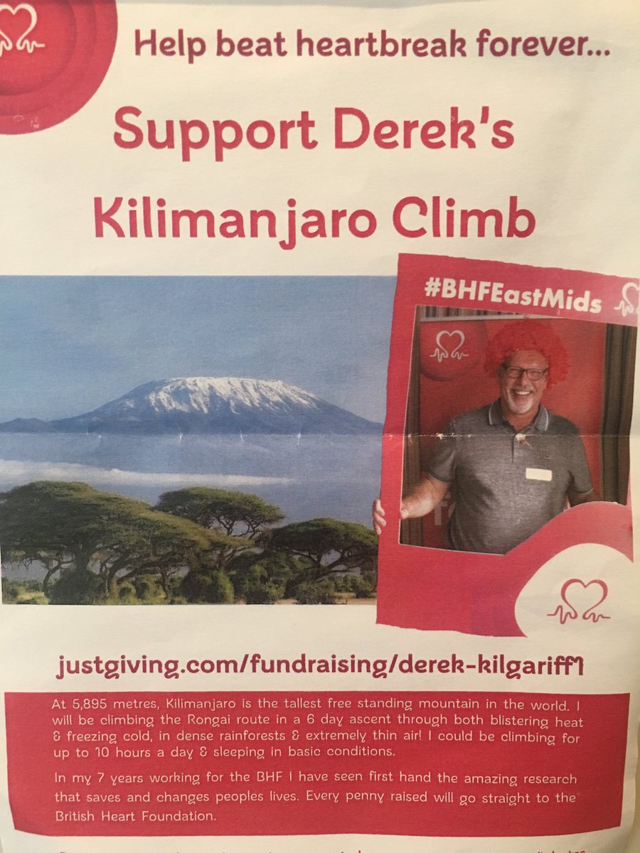 HollyChiro's tweet photo. Please help support our lovely patient Derek with his fantastic endeavour... all money raised goes directly to the charity #kilimanjaro #bhf #britishheartfoundation #chiropractic #justgiving https://t.co/hUDu3QR8Yw