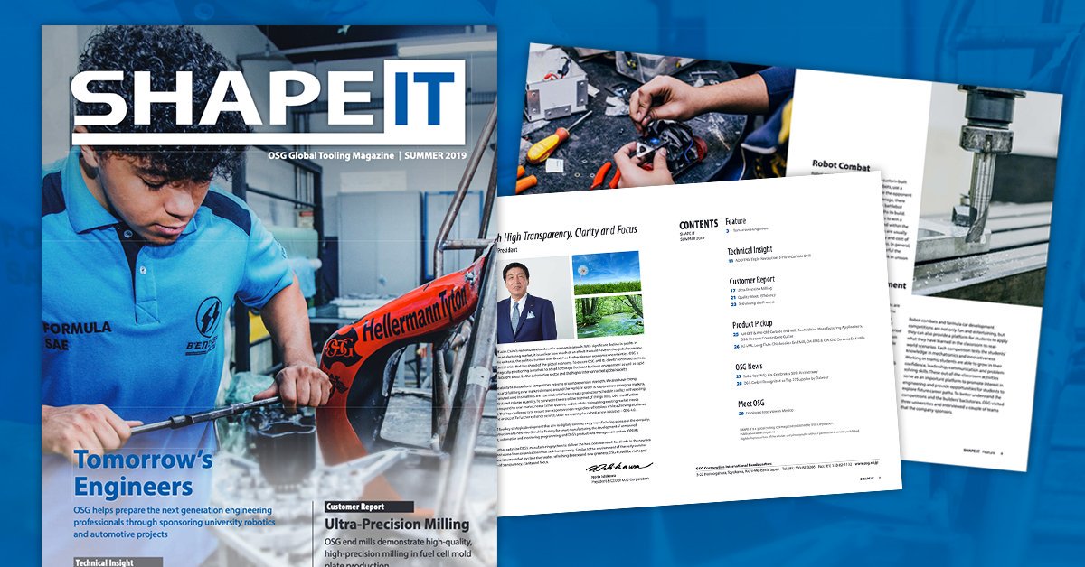 OSGTOOL's tweet photo. Stay in sync with the latest trends and technologies of the cutting tool industry with OSG's SHAPE IT magazine! 
Download the PDF: https://t.co/Jf8nm5wS3N

#OSGUSA #OSG #ShapingYourDreams #CuttingTools #OSGCorporation #ABrand #ADrill #AEndMill #ATap #Phoenix https://t.co/3x5Q8ZNYWL