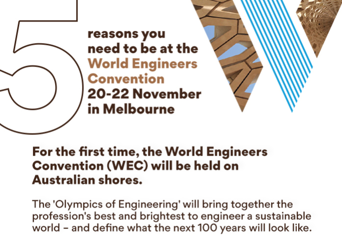 wfeo's tweet photo. World Engineers Convention 2019 - Melbourne 20-22 Nov.
5 reasons you need to be at he WEC 2019 > https://t.co/4qXJZ5m6uX
Registration > https://t.co/6MxftnMRaX
Registration for WFEO Delegates, see https://t.co/hOLQCFQb6A
#WEC19Aus @EngAustralia #Eng4SDGs #Engineers4SDGs https://t.co/6SX2tmMOx8