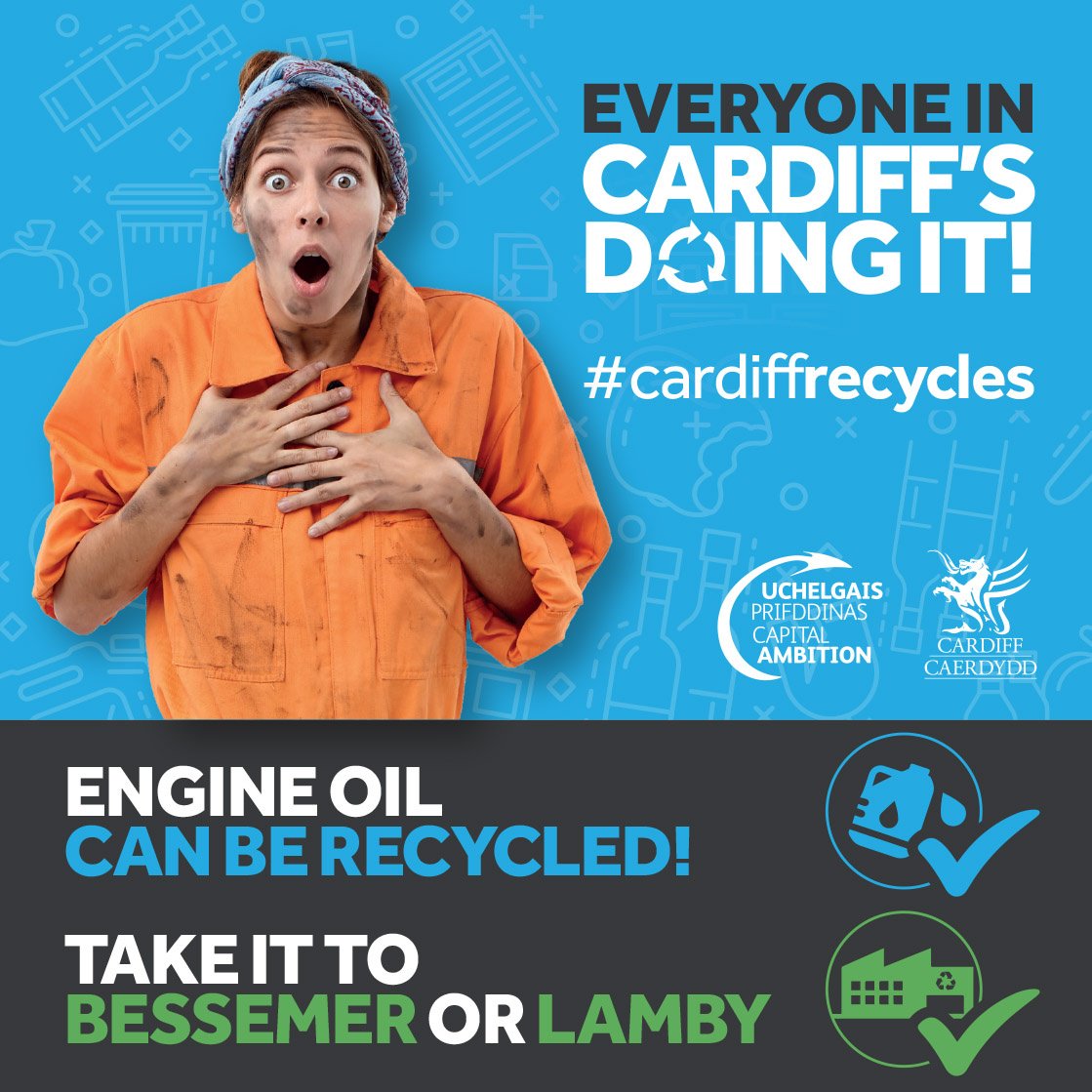 cardiffcouncil's tweet image. Everyone in Cardiff’s Doing It! Engine oil can be recycled. Take it to Bessemer or Lamby #CardiffRecycles #Cardiff Click here to visit our A-Z of Recycling: socsi.in/9tS6B