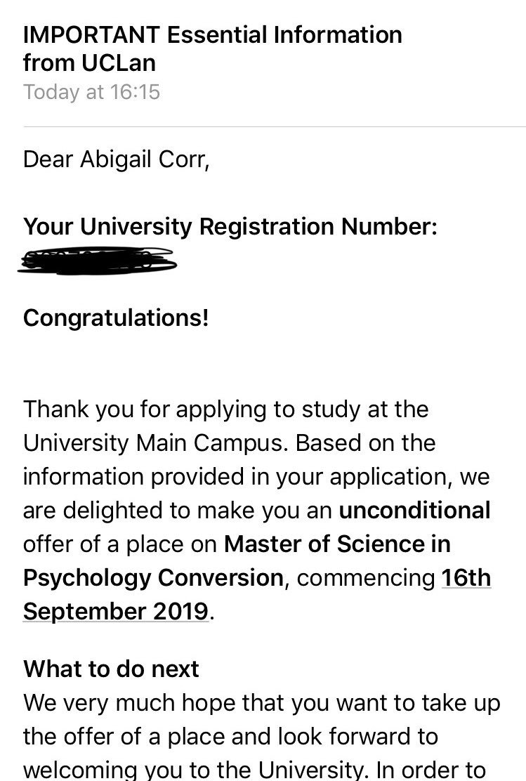 It looks like my UCLan journey isn’t over yet! I’m so excited to have received an unconditional offer to study the MSc in Psychology Conversion at UCLan from September! I’m so excited, thank you <a href="/DanceUCLan/">UCLan Dance</a> for all of your support over the past 3 years!🎓📚💃🏻✨
