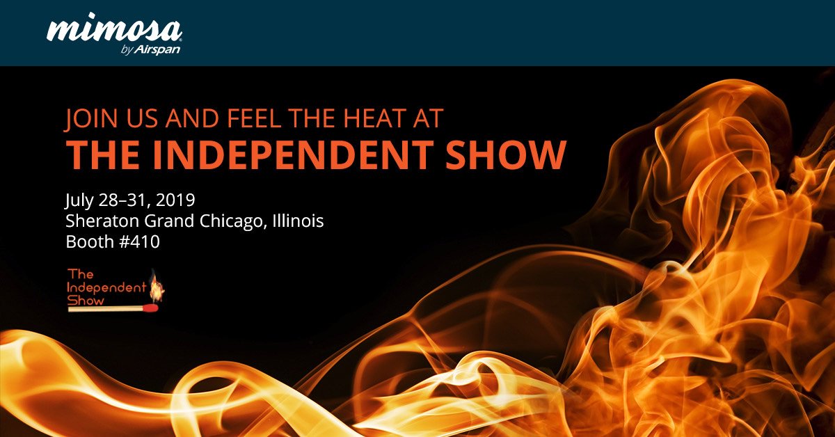 GoMimosa's tweet photo. Who's ready for #TIS19 - The Independent Show is heading to the Windy City - July 28-31! Come visit @GoMimosa at Booth #410 to check out the latest in #fixedwirelesssolutions #NoFiberNoProblem https://t.co/oTZJMQdNcH