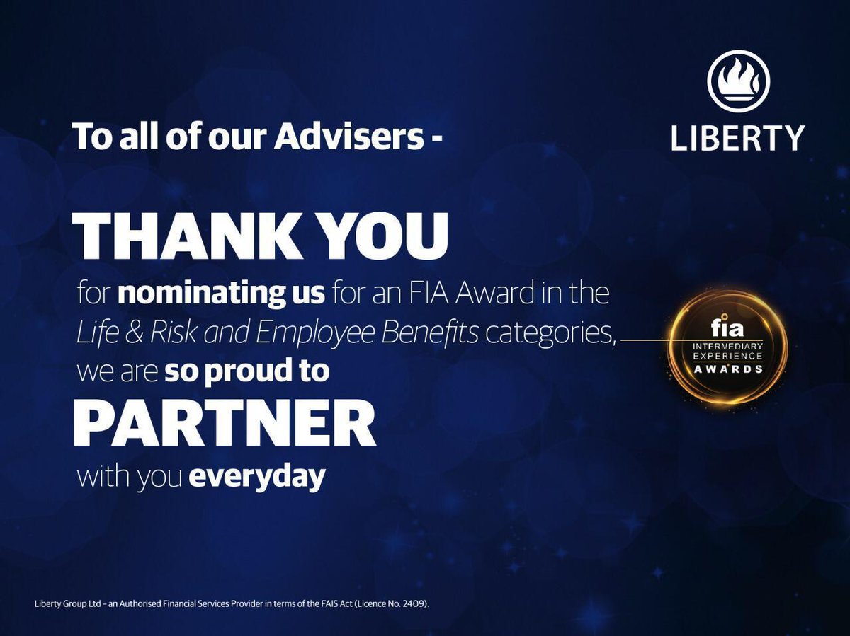 LibertyGroupSA's tweet photo. With under two weeks to go until the FIA Intermediary Experience Awards, excitement is mounting as we prepare for one of the industry’s most anticipated events. We at Liberty are proud to announce that we have been nominated in 2 categories - Life &amp; Risk and Employee benefits. https://t.co/SaVRG5bilh