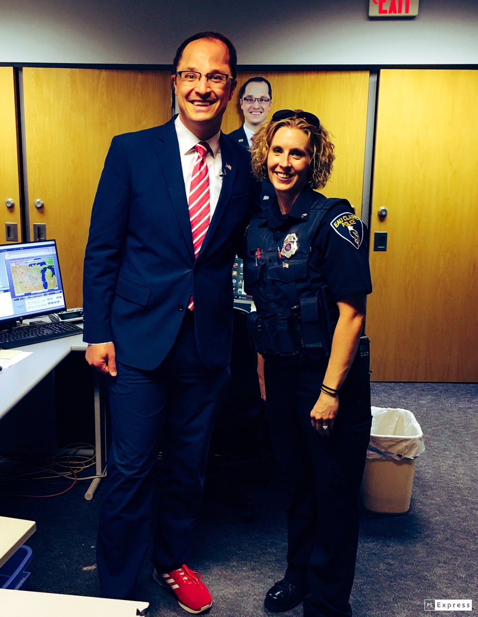 EauClairePD's tweet photo. We can’t believe #eauclaire iconic #meterologist @nickgrunseth is leaving @WQOW! At least we got to say goodbye and get 2 Nicks in the photo 😉 https://t.co/4PLbUEIrh5