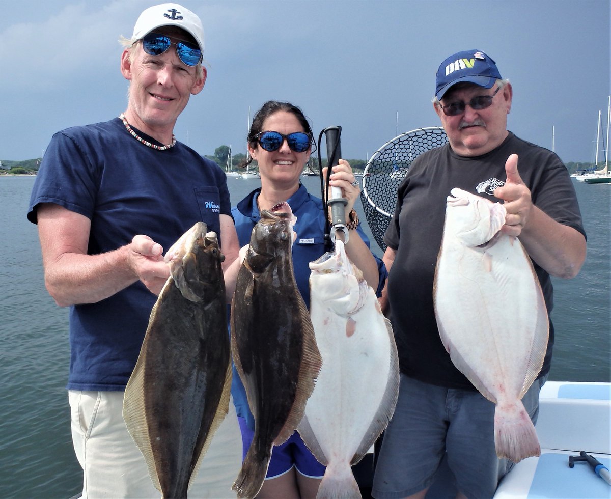 CaptDaveMonti's tweet photo. Bill Bradley, Erica O’Connell and Ray Ludvigson all members of the RI Saltwater Anglers with some of the summer flounder they caught on https://t.co/Pt0kELWXHj in East Passage of Bay https://t.co/dKvlocFqxf
