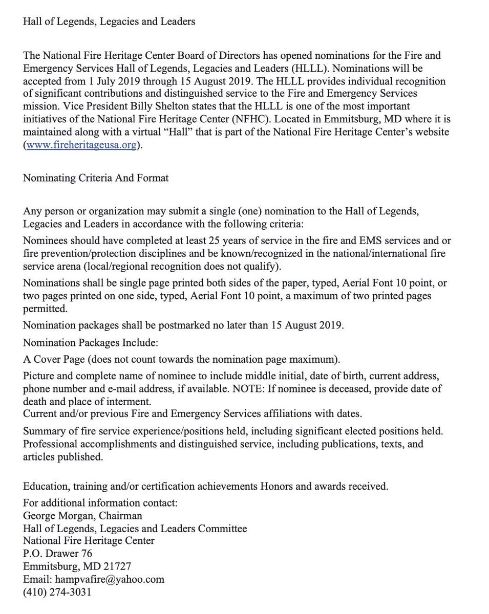 fireheritageusa's tweet photo. Hall of Legends, Legacies and Leaders

The National Fire Heritage Center Board of Directors has opened nominations for the Fire and Emergency Services Hall of Legends, Legacies and Leaders (HLLL). Nominations will be accepted from 1 July 2019 through 15 August 2019. #HLLL https://t.co/bzPyM4In0z