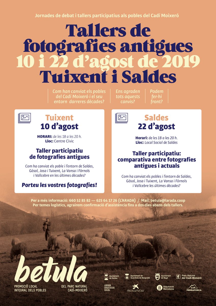 Com han canviat els pobles del Cadí Moixeró i el seu entorn en les darreres dècades? 
TALLERS D'AGOST

#Saldes, #Gósol, #Josa i #Tuixent, #LaVansa i #Fórnols i #Vallcebre
10 d'agost 18 h-Tuixent
22 d'agost 18 h- Saldes
___
Castellar de n'Hug: 13 d'agost 18 h