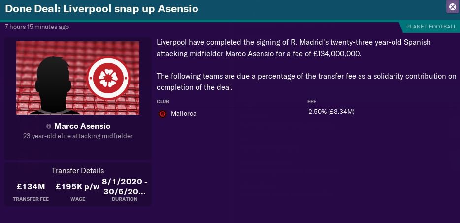 registafm's tweet image. Asensio to Liverpool for £134m

Dafuck?

#NOTREALLIFE

#FM19 #footballmanager #wearethecommunity #weirdtransfers