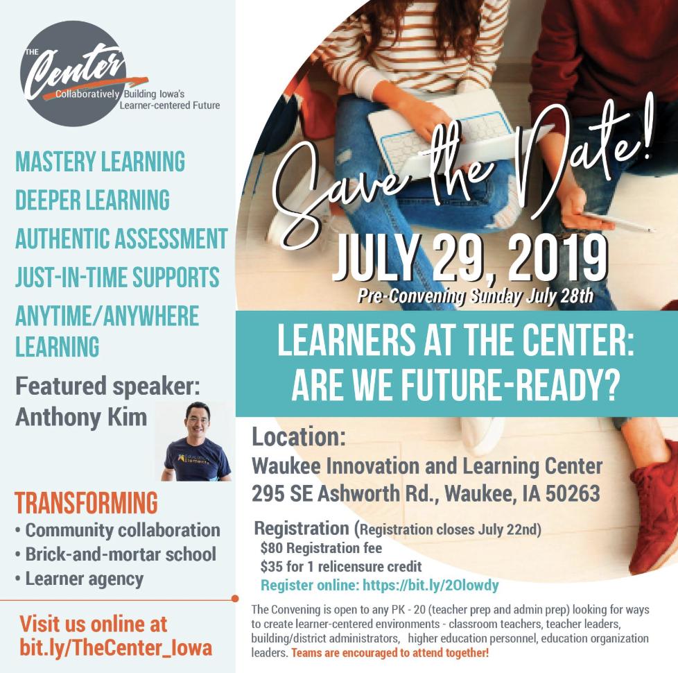 Join <a href="/TheCenter_Iowa/">The Center</a> summer convening next week where <a href="/anthonx/">Anthony Kim</a> will be keynote alongside Iowa innovators! bit.ly/2Olowdy

We hope to see you there, but even if you can’t make it, Retweet this with <a href="/EdElements/">Education Elements</a> to win some fun swag! RT with most likes gets a special prize.