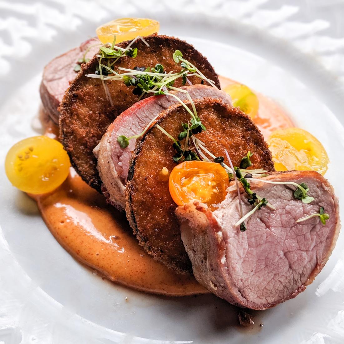 BistroLouis's tweet photo. Chef's $29 three-course #civilizedlunch this week is a home run. Chilled peach and carrot soup with shaved foie gras, bacon-wrapped pork tenderloin with crispy eggplant and cherry tomatoes, and a cherry-apple frangipane tart for dessert. Plus half off all wines from Alsace! https://t.co/hcIMn60hi6