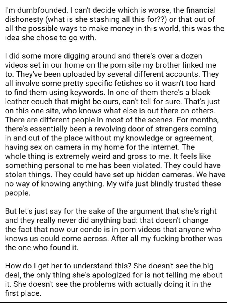 I (37M) found out my wife (36F) has been renting out our condo to pornographers.