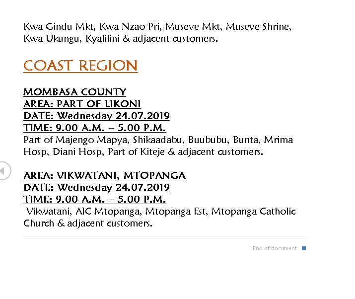 KenyaPower_Care's tweet photo. Good evening, 
Please receive additional areas on Planned outage tomorrow 24/07/2019. ^VW https://t.co/T8Or1ULJWW
