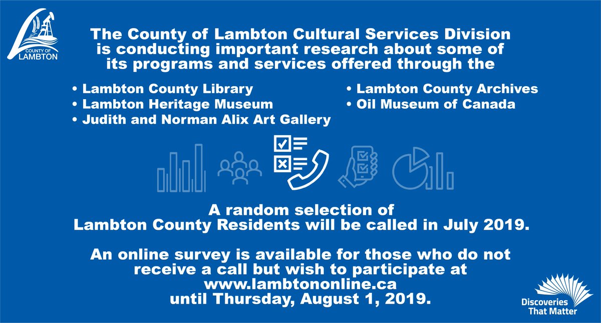 DTMLambton's tweet photo. Lambton County residents may be called by a third party polling firm to conduct a survey on behalf of the Cultural Services Division. Both users and non-users of the County of Lambton's Cultural Services can participate in the online survey available here: https://t.co/SgmGUuIMOH https://t.co/Qf2ZhznVEn