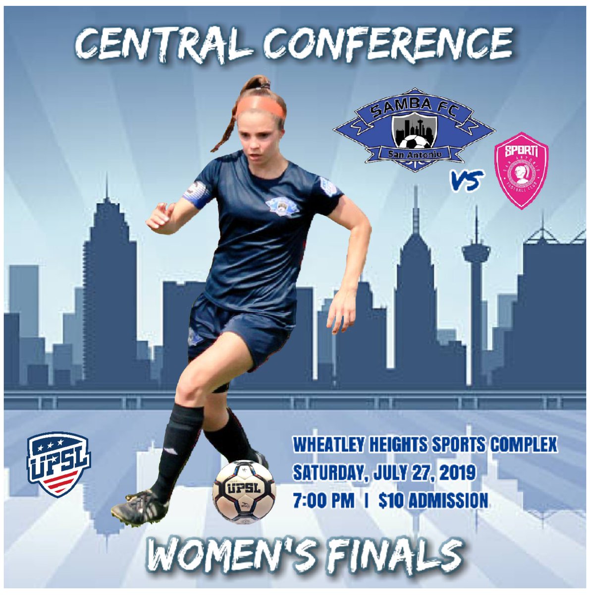 SambaFCSA's tweet photo. THE BATTLE FOR SAN ANTONIO!πͺ
Join your #Sambitas on July 27, 2019 for the first-ever UPSL Central Conference Women's Finals.πͺβ½π
GOING FOR THE UPSL CUP!!
HISTORY IN THE MAKING!!
#WeAreSamba #YourClub #ItsOurTime #BecauseWeCan @UPSLsoccer @SambaFCSA vs @SASportiFC @UPSLCentral https://t.co/GmA6YIRAy3