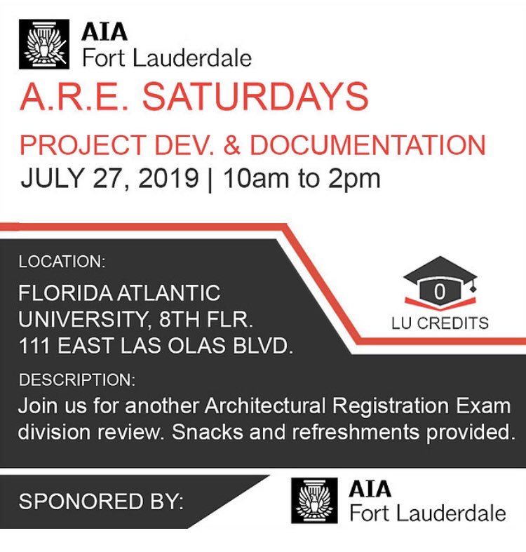 Get your #licensing on! This #saturday is PDD the 5th exam on #ncarb #are5 list and one not to be taken lightly. Please register and join us on the #journeytolicensure #becomeanarchitect #emergingprofessionals #aia #aiaflorida #aiafortlauderdale #aiapalmbeach #aiamiami