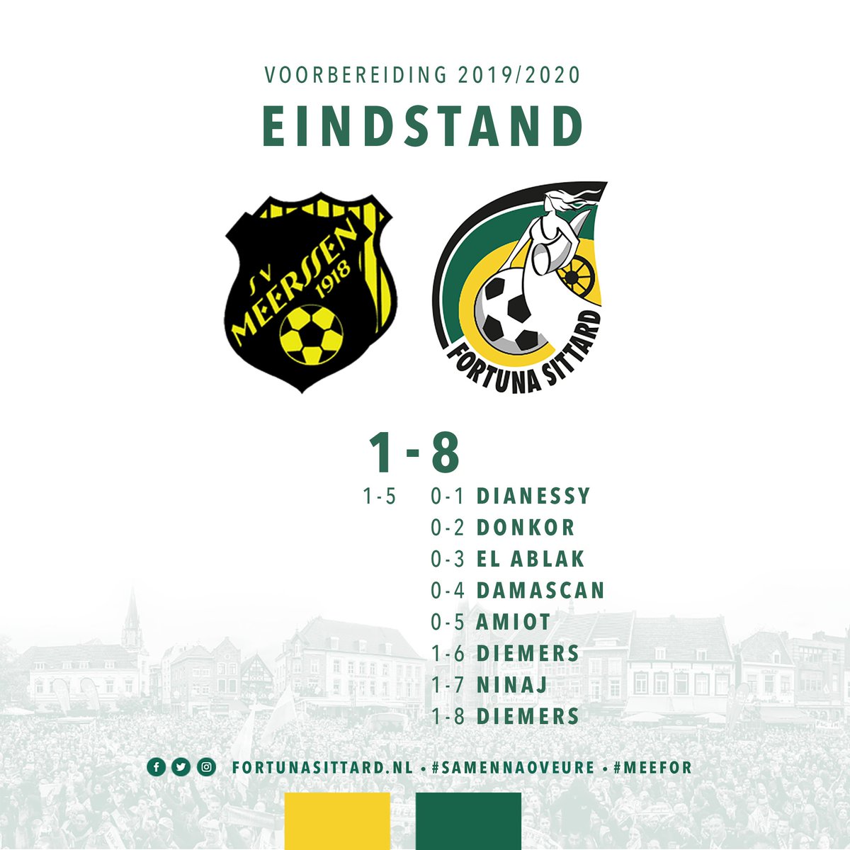 FortunaSittard's tweet photo. EINDSTAND | Fortuna Sittard wint ook de vierde oefenwedstrijd. Het duel tegen SV Meerssen werd met 1-8 gewonnen.
#SamenNaoVeure #MEEFOR https://t.co/VwMxy7vYco